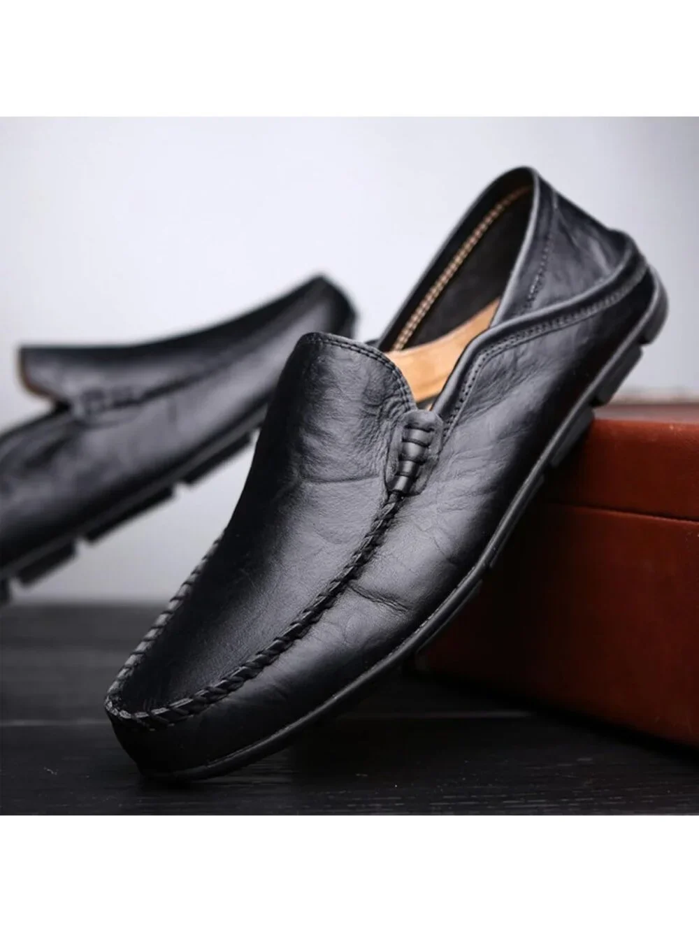 Men's Black Leather Loafers Premium Genuine Slip On Breathable Casual Shoes